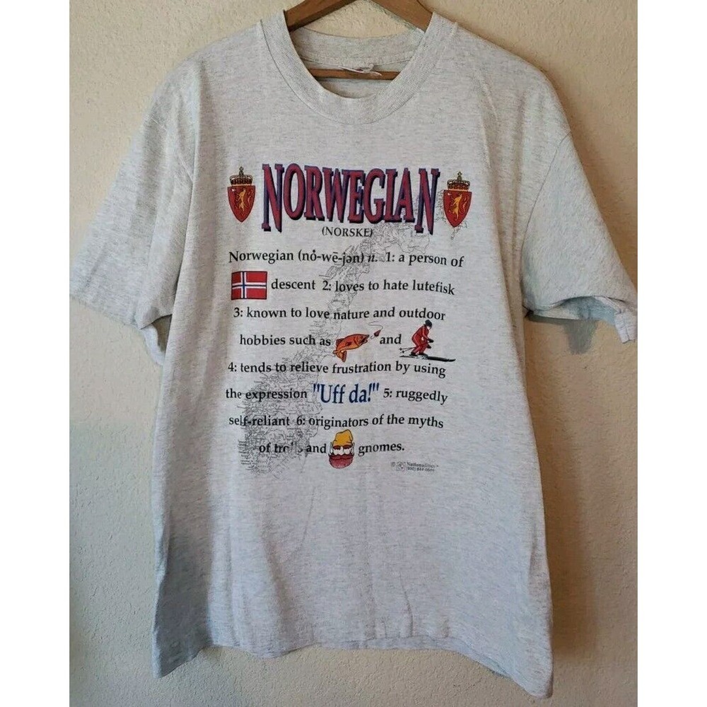 Vintage 90s Norwegian Size large Single stitch Gray Funny Fishing Gnomes Comical